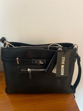 Steve Madden Black Faux Leather Zip Front Crossbody Bag